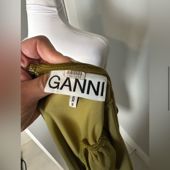 Ganni Velvet Gathered Long Sleeve Jersey Dress in Avocado - Picture 8 of 12